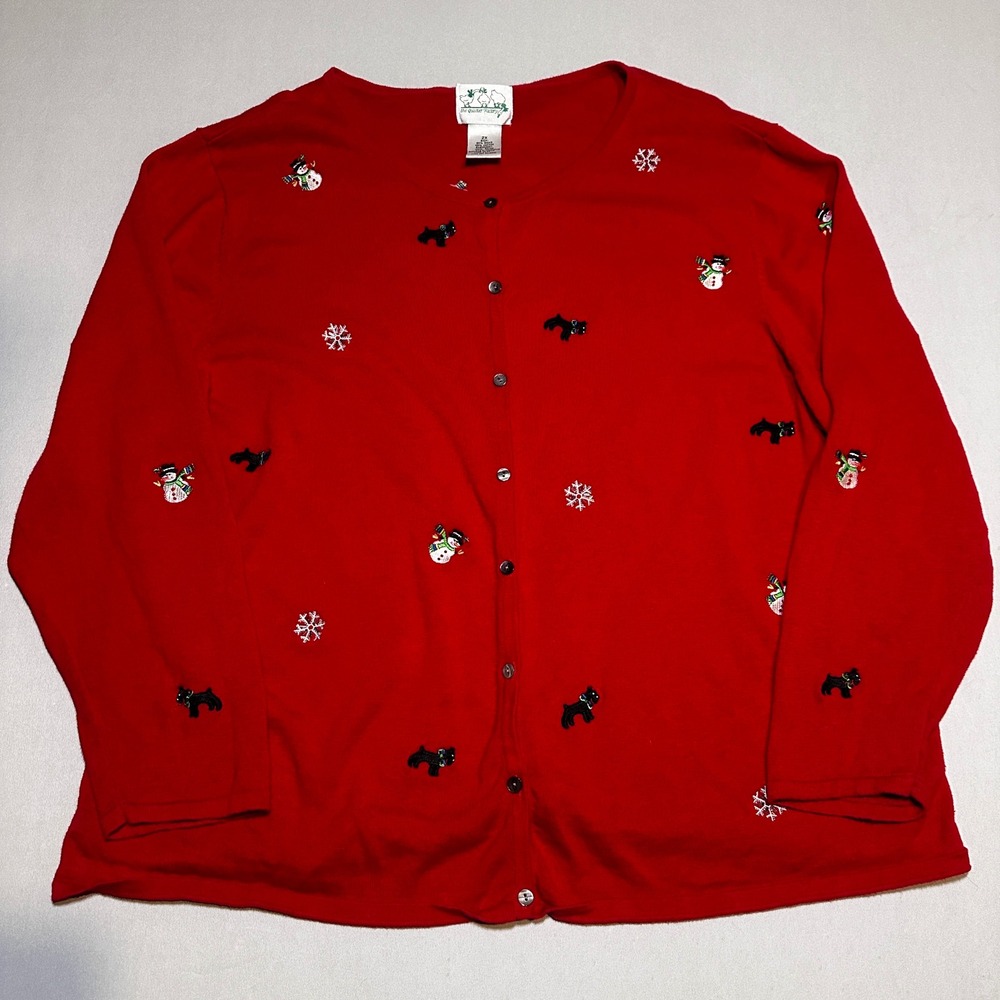 Vintage‎ The Quaker Factory Christmas Cardigan 2X Red Snowman Dog Embroidered